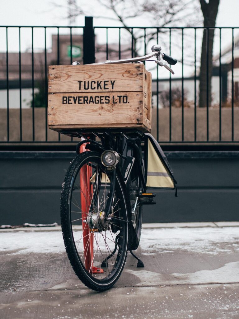 bicycle, bike, box, crate, cycle, cycling, fence, home delivery, parked, racing bike, street, wooden box, home delivery, home delivery, home delivery, home delivery, home delivery