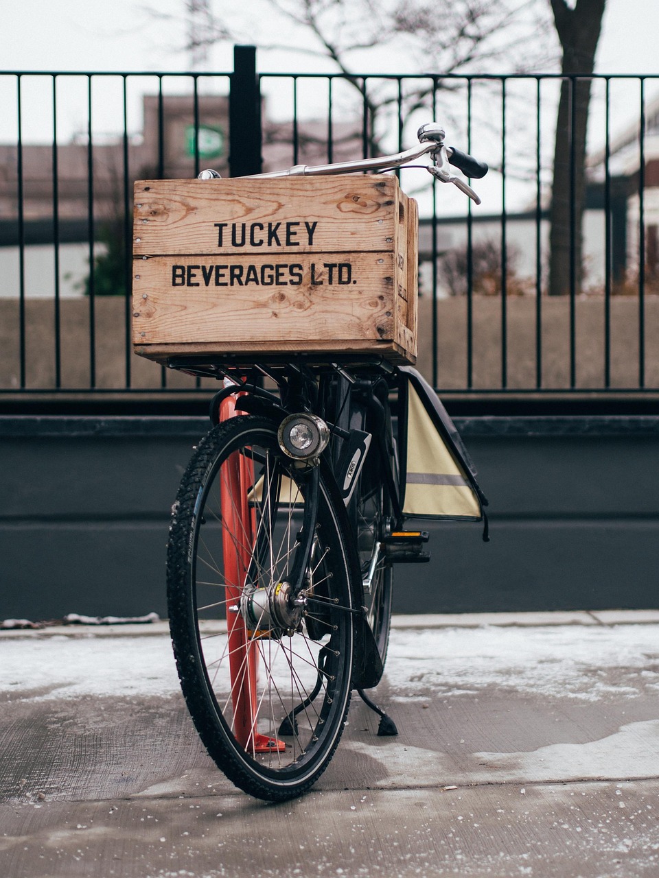 bicycle, bike, box, crate, cycle, cycling, fence, home delivery, parked, racing bike, street, wooden box, home delivery, home delivery, home delivery, home delivery, home delivery
